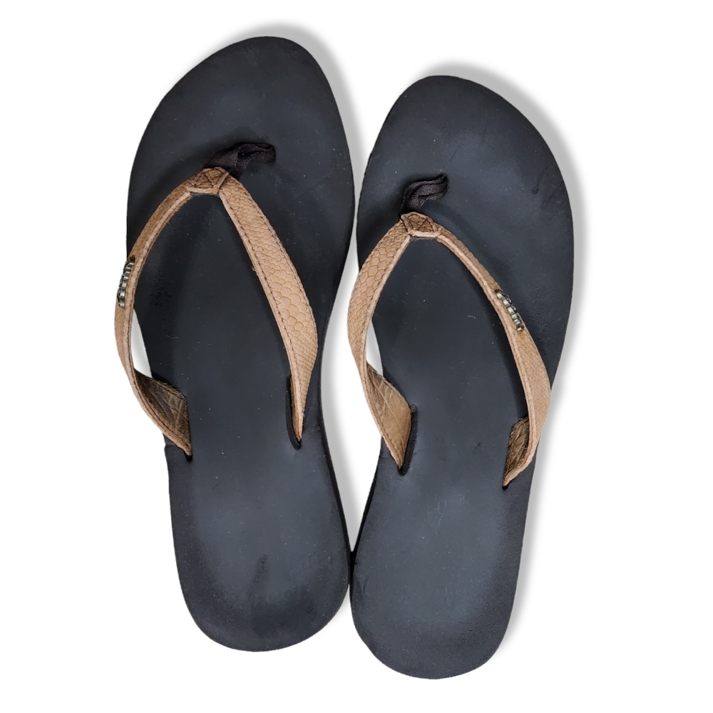 REEF Women's Star Cushion Sassy Sandal Brown & White sz 7.5 Faux Reptile Leather